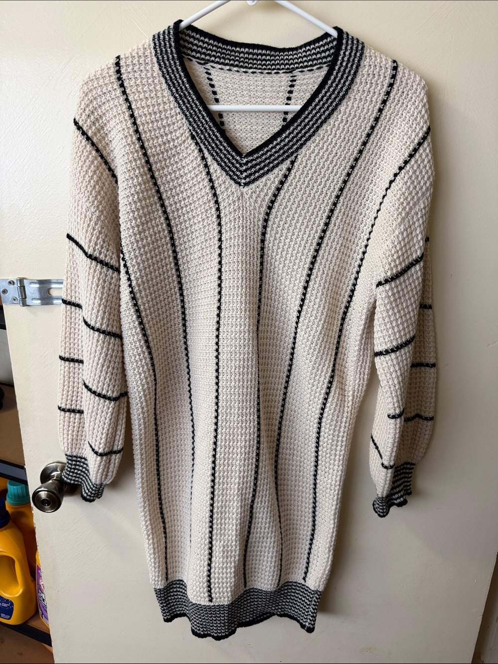 SHEIN Cream V-Neck Knit Sweater with Black Stripe Trim